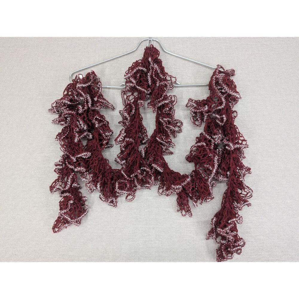 Handmade Crocheted Fashion Ruffle Scarf Maroon Silver Sparkle 90"